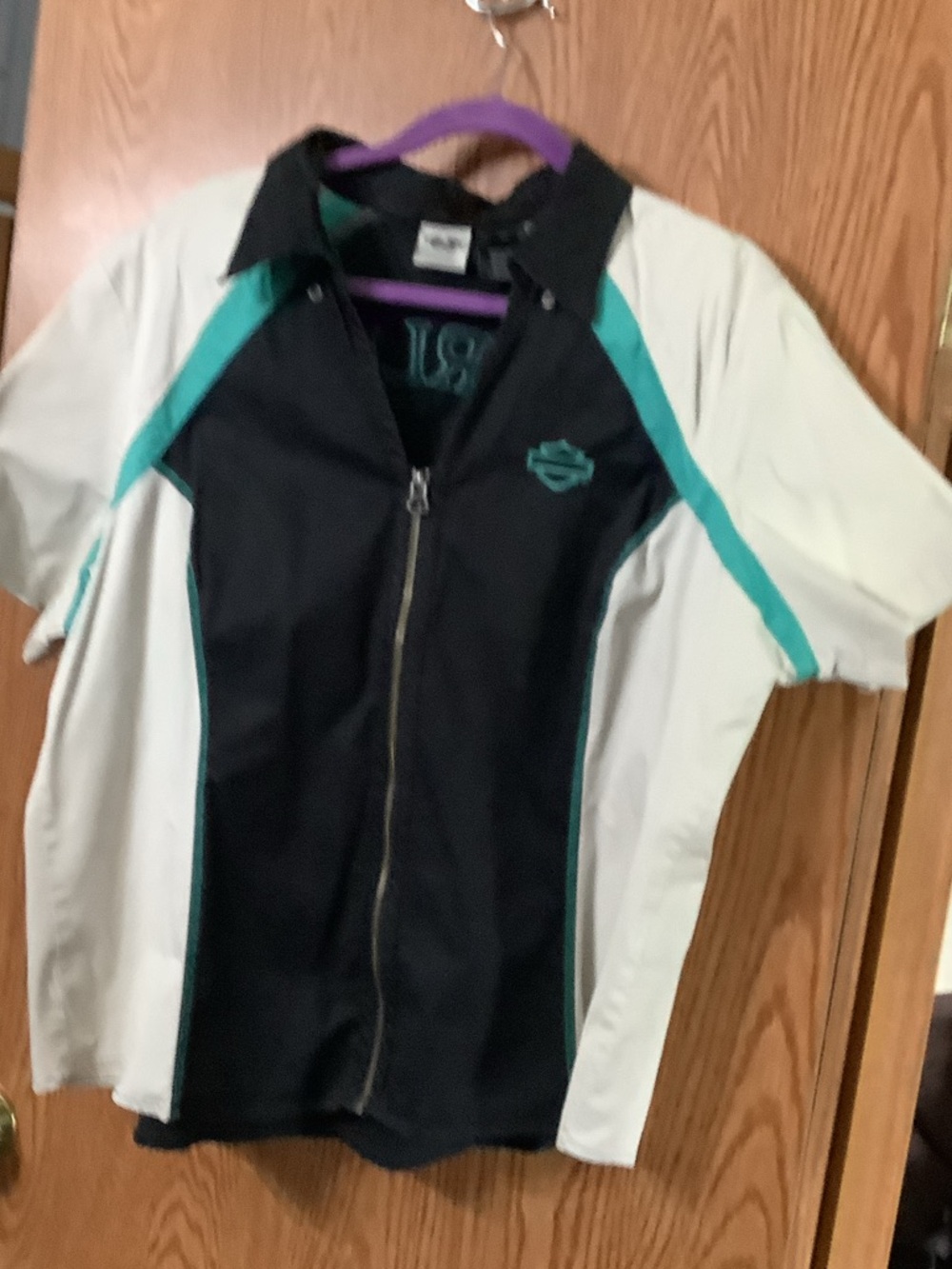 Harley-Davidson Black, Teal & White Zip-Up Short Sleeve Shirt